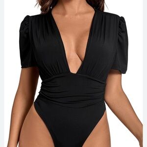 Plunge Deep Cut Black Bodysuit